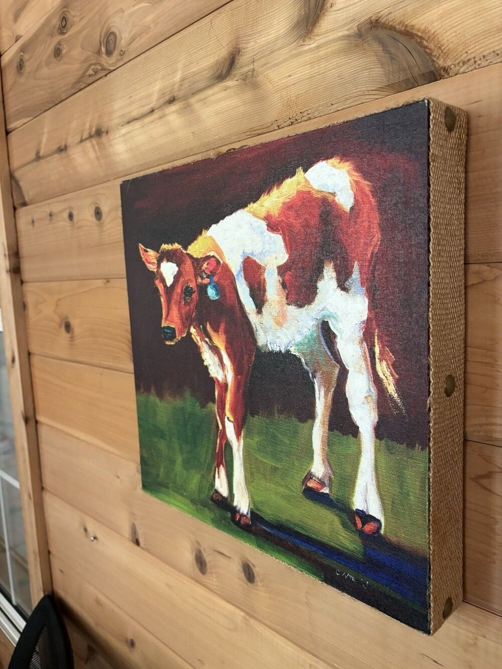 Signed Diane Whiiehead Cow Calf Oil Print Burlap & Stud Framing Western Artwork - Picture 4 of 4